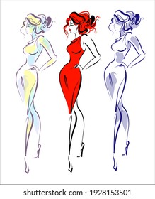 
VECTOR fashion Background with a
stylish  original hand-drawn sketch graphics with beautiful young girl model in dress  for fashion design logo 
