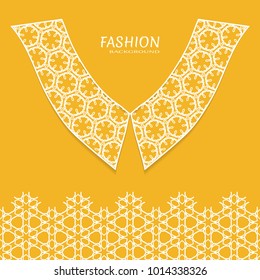 Vector fashion background. Vintage lace collar and decorative lace border with seamless texture. Geometric linear pattern in arabian style, isolated design elements, retro decoration