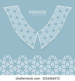 Vector fashion background. Vintage lace collar and decorative lace border with seamless texture. Geometric linear pattern in arabian style, isolated design elements, retro decoration