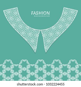 Vector fashion background. Vintage lace collar and decorative lace border with seamless texture. Geometric linear pattern in arabian style, isolated design elements, retro decoration