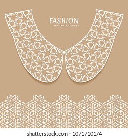 Vector fashion background. Vintage lace collar and decorative lace border with seamless texture. Geometric linear pattern in arabian style, isolated design elements, retro decoration