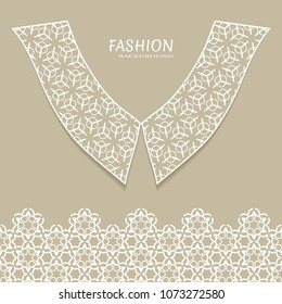 Vector fashion background. Vintage lace collar and decorative lace border with seamless texture. Geometric linear pattern in arabian style, isolated design elements, retro decoration
