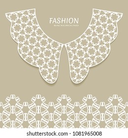 Vector fashion background. Vintage lace collar and decorative lace border with seamless texture. Geometric linear pattern in arabian style, isolated design elements, retro decoration