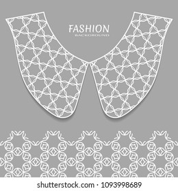 Vector fashion background. Vintage lace collar and decorative lace border with seamless texture. Geometric linear pattern in arabian style, isolated design elements, retro decoration