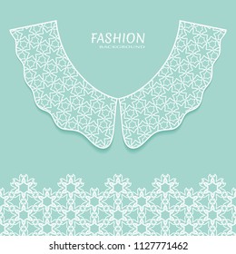 Vector fashion background. Vintage lace collar and decorative lace border with seamless texture. Geometric linear pattern in arabian style, isolated design elements, retro decoration