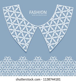 Vector fashion background. Vintage lace collar and decorative lace border with seamless texture. Geometric linear pattern in arabian style, isolated design elements, retro decoration