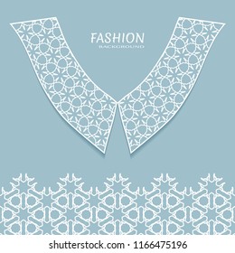 Vector fashion background. Vintage lace collar and decorative lace border with seamless texture. Geometric linear pattern in arabian style, isolated design elements, retro decoration