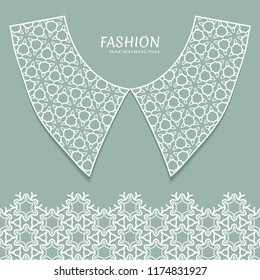 Vector fashion background. Vintage lace collar and decorative lace border with seamless texture. Geometric linear pattern in arabian style, isolated design elements, retro decoration