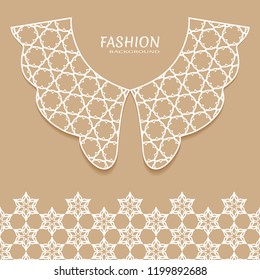 Vector fashion background. Vintage lace collar and decorative lace border with seamless texture. Geometric linear pattern in arabian style, isolated design elements, retro decoration