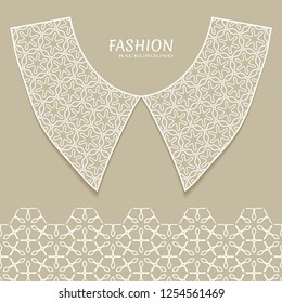 Vector fashion background. Vintage lace collar and decorative lace border with seamless texture. Geometric linear pattern in arabian style, isolated design elements, retro decoration
