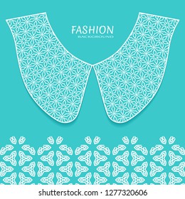 Vector fashion background. Vintage lace collar and decorative lace border with seamless texture. Geometric linear pattern in arabian style, isolated design elements, retro decoration