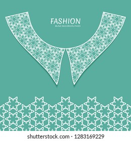 Vector fashion background. Vintage lace collar and decorative lace border with seamless texture. Geometric linear pattern in arabian style, isolated design elements, retro decoration