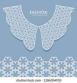 Vector fashion background. Vintage lace collar and decorative lace border with seamless texture. Geometric linear pattern in arabian style, isolated design elements, retro decoration
