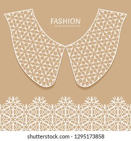 Vector fashion background. Vintage lace collar and decorative lace border with seamless texture. Geometric linear pattern in arabian style, isolated design elements, retro decoration