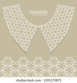 Vector fashion background. Vintage lace collar and decorative lace border with seamless texture. Geometric linear pattern in arabian style, isolated design elements, retro decoration