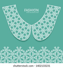 Vector fashion background. Vintage lace collar and decorative lace border with seamless texture. Geometric linear pattern in arabian style, isolated design elements, retro decoration