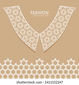 Vector fashion background. Vintage lace collar and decorative lace border with seamless texture. Geometric linear pattern in arabian style, isolated design elements, retro decoration