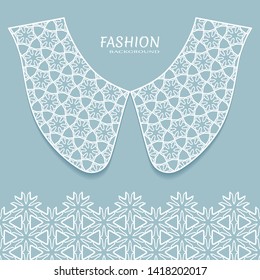 Vector fashion background. Vintage lace collar and decorative lace border with seamless texture. Geometric linear pattern in arabian style, isolated design elements, retro decoration