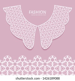 Vector fashion background. Vintage lace collar and decorative lace border with seamless texture. Geometric linear pattern in arabian style, isolated design elements, retro decoration