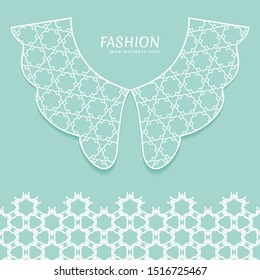 Vector fashion background. Vintage lace collar and decorative lace border with seamless texture. Geometric linear pattern in arabian style, isolated design elements, retro decoration