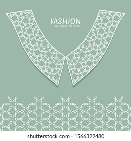 Vector fashion background. Vintage lace collar and decorative lace border with seamless texture. Geometric linear pattern in arabian style, isolated design elements, retro decoration
