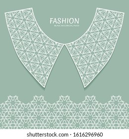Vector fashion background. Vintage lace collar and decorative lace border with seamless texture. Geometric linear pattern in arabian style, isolated design elements, retro decoration