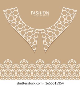 Vector fashion background. Vintage lace collar and decorative lace border with seamless texture. Geometric linear pattern in arabian style, isolated design elements, retro decoration