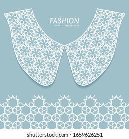Vector fashion background. Vintage lace collar and decorative lace border with seamless texture. Geometric linear pattern in arabian style, isolated design elements, retro decoration