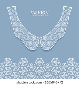 Vector fashion background. Vintage lace collar and decorative lace border with seamless texture. Geometric linear pattern in arabian style, isolated design elements, retro decoration