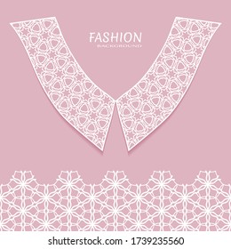 Vector fashion background. Vintage lace collar and decorative lace border with seamless texture. Geometric linear pattern in arabian style, isolated design elements, retro decoration