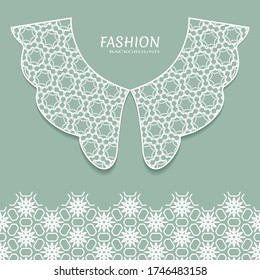 Vector fashion background. Vintage lace collar and decorative lace border with seamless texture. Geometric linear pattern in arabian style, isolated design elements, retro decoration