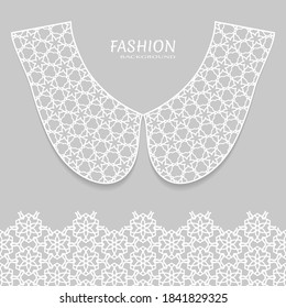 Vector fashion background. Vintage lace collar and decorative lace border with seamless texture. Geometric linear pattern in arabian style, isolated design elements, retro decoration