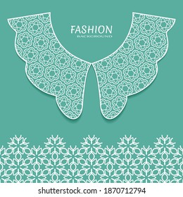 Vector fashion background. Vintage lace collar and decorative lace border with seamless texture. Geometric linear pattern in arabian style, isolated design elements, retro decoration