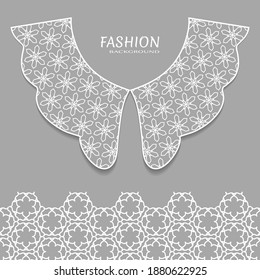 Vector fashion background. Vintage lace collar and decorative lace border with seamless texture. Geometric linear pattern in arabian style, isolated design elements, retro decoration