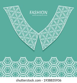Vector fashion background. Vintage lace collar and decorative lace border with seamless texture. Geometric linear pattern in arabian style, isolated design elements, retro decoration