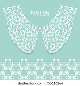 Vector fashion background. Vintage lace collar and decorative lace border with seamless texture. Geometric linear pattern in arabian style, isolated design elements, retro decoration