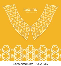 Vector fashion background. Vintage lace collar and decorative lace border with seamless texture. Geometric linear pattern in arabian style, isolated design elements, retro decoration