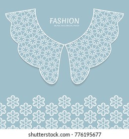 Vector fashion background. Vintage lace collar and decorative lace border with seamless texture. Geometric linear pattern in arabian style, isolated design elements, retro decoration