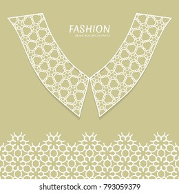 Vector fashion background. Vintage lace collar and decorative lace border with seamless texture. Geometric linear pattern in arabian style, isolated design elements, retro decoration