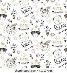 Vector fashion bear seamless pattern. Cute teddy illustration in sketch style. Cartoon animals background. Doodle bears. Ideal for fabric, wallpaper, wrapping paper, textile, bedding, t-shirt print.