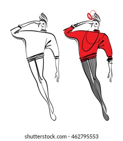 VECTOR fashion beautiful model. Graphic sketch drawing.