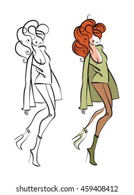 VECTOR fashion beautiful model with red curly hair isolated on white background. Graphic sketch drawing.
