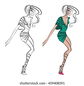 VECTOR fashion beautiful model in small green dress isolated on white background. Graphic sketch drawing.