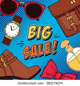 Vector fashion big sale illustration with shoes, accessories and cosmetics. Shopping comic background in pop art style