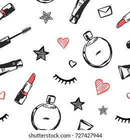 Vector fashion black and red seamless pattern. Hand drawn fashion illustration with cosmetics, perfume, lipstick and others. Objects isolated on white. Beauty vector illustration.