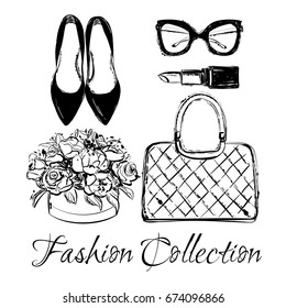 Vector fashion black and white sketch set. Hand drawn graphic shoes, bag, lipstick, flower box, eyeglasses, flowers. Fashion illustration kit vogue style