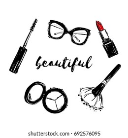 Vector fashion black and white sketch. Hand drawn Set of makeup brush, eyeshadow, mascara, lipstick, glasses. Fashion and beauty inspirational card. Make up collection for art, design advertising.