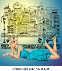 Vector fashion blonde in blue dress lies on a floor