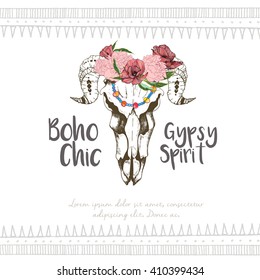 Vector fashion boho chick style goat skull with flower wreath. Traditional bohemian decoration. Poster for party, restaurant or fashion events. 