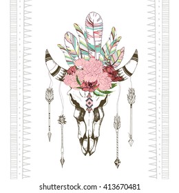 Vector fashion boho chick style goat skull with flower, feather  wreath and arrow. Traditional bohemian decoration. Use for poster, party, fashion, events, promotion, shop, store, design.